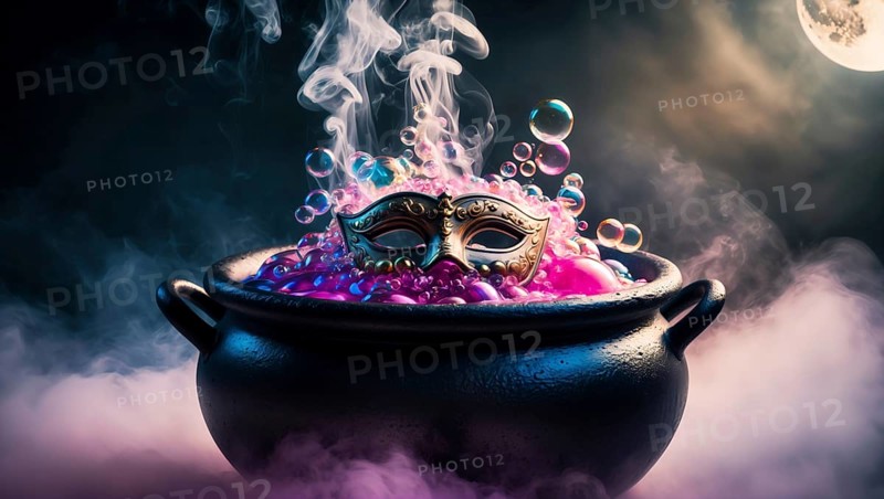 A cauldron filled with vibrant pink bubbles emits smoke as a decorative masquerade mask floats on top. The scene is set at night, illuminated by a bright full moon on Halloween night. AI generated