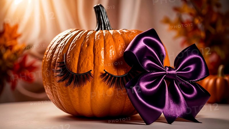 A vibrant orange pumpkin adorned with long eyelashes on a table. A shiny purple bow sits nearby, adding a festive touch. Autumn leaves in the background create a warm Halloween or Thanksgiving atmosphere, seasonal ideas for beauty industry. AI generated