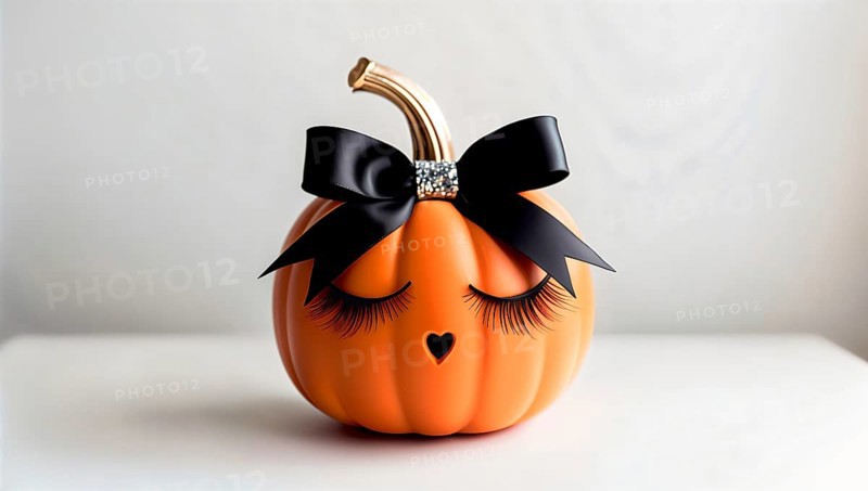 A bright orange pumpkin with closed eyes, long eyelashes and a stylish black bow. Creative decoration adds charm to fall and Halloween festivities beauty industry. AI generated