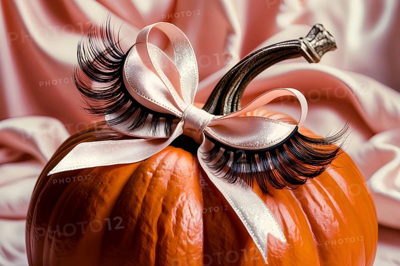 A pumpkin decorated with false eyelashes and a ribbon, set against pink fabric, creating a whimsical and elegant autumn scene, a beauty industry Halloween concept. AI generated