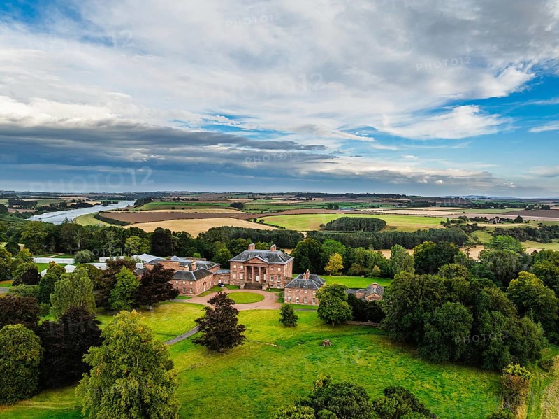 Paxton House over River Tweed from a drone, Paxton, Berwick-upon-Tweed, Berwickshire, Scotland, UK