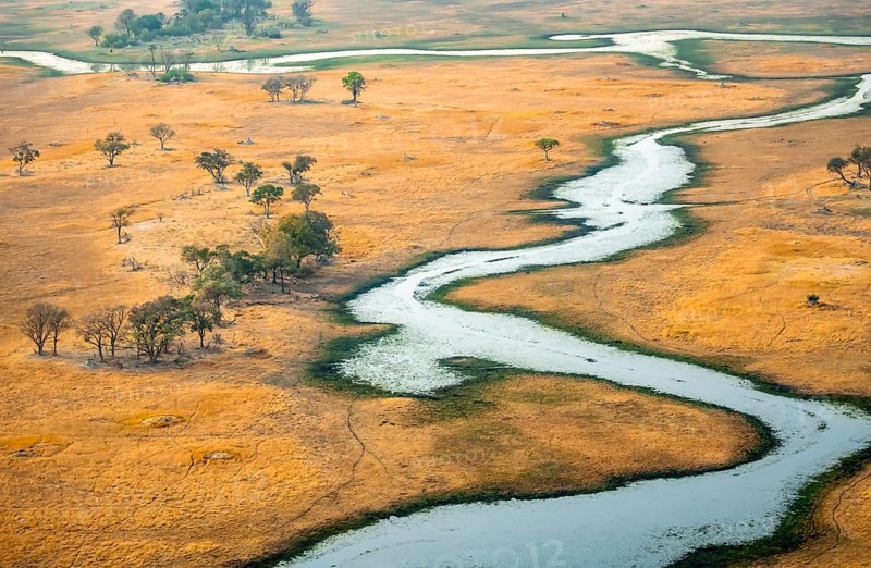 River landscape, idyllic river course, savanna, aerial view, Okavango Delta, Botswana
