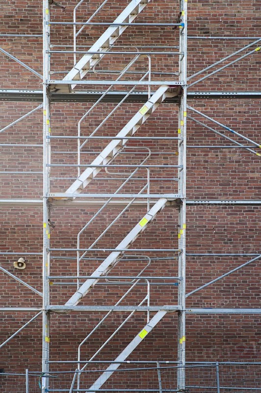 Borken, NRW, Germany, RScaffolding structure with multiple staircases providing access for construction work