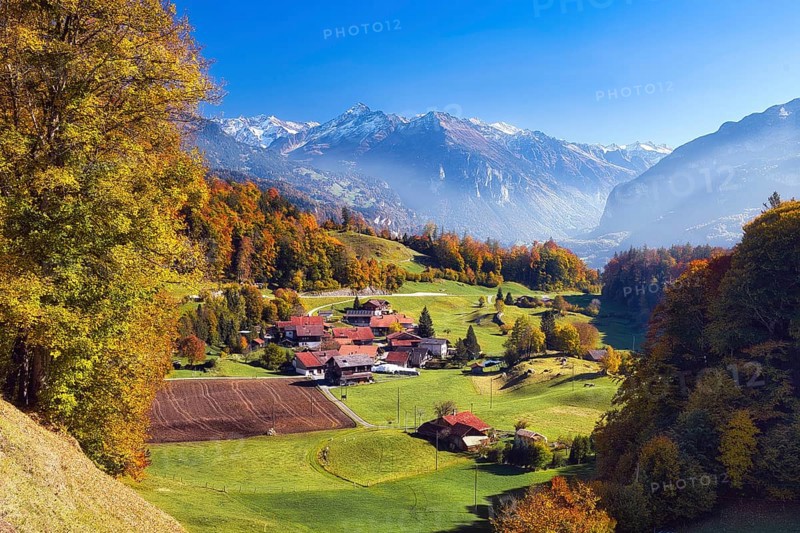 View of the autumn-colored Hasli Valley, Brünigen hamlet near Meiringen behind Uri Alps, Canton of Bern, Switzerland