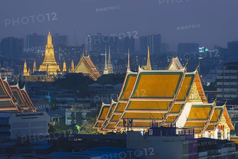Panorama from Golden Mount to illuminated Wat Ratchabophit, Wat Rachapradit, Wat Pho and Wat Arun, Bangkok, Thailand