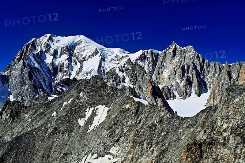 From the left, the mountains, Mont Blanc, Mont Maudit, Pointe Helbronner viewing terrace, Chamonix-Mont-Blanc, Haute-Savoie, watershed Italy, France