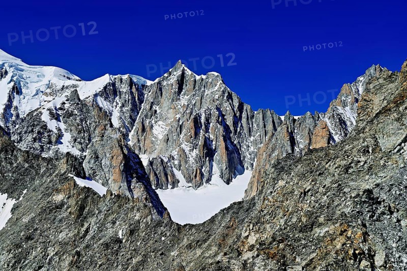 From left, the Mont Blanc mountains, Mont Maudit, Pointe Helbronner viewing terrace, Chamonix-Mont-Blanc, Haute-Savoie, watershed Italy, France