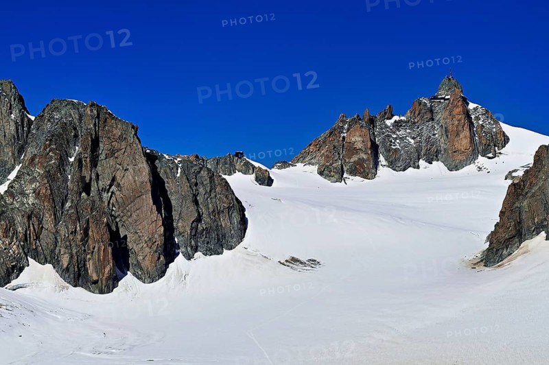 View from the Télécabine Panorama Railway to the Aiguille du Midi mountain station, Chamonix-Mont-Blanc, Haute-Savoie, France