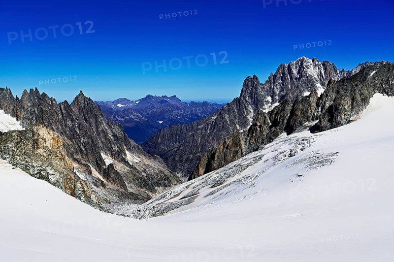 View from the Télécabine Panorama Mont-Blanc of the mountains Aiguille Vert, Les Droites, Les Courtes, in the foreground the Glacier du Géant, Chamonix-Mont-Blanc, Haute-Savoie, France