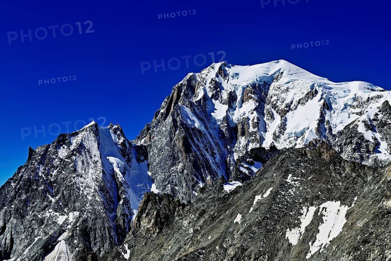 From the left, the mountains, L'Aiguille Blanche de Peuterey, Mont Blanc, Pointe Helbronner viewing terrace, Chamonix-Mont-Blanc, Haute-Savoie, Italian watershed, France
