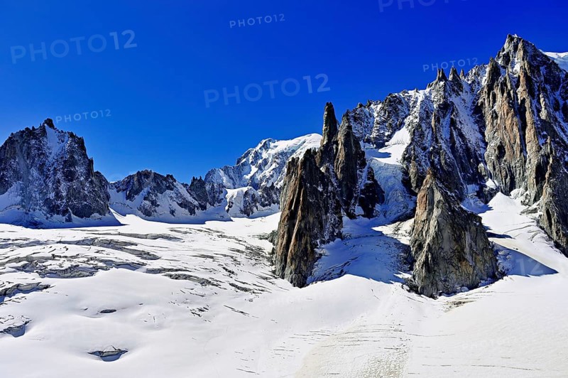 View of the mountains from the Télécabine Panorama Railway, La Tour Ronde, Mont Blanc, Le Mont Blanc du Tacul, in the foreground the glacier du Géant, Chamonix-Mont-Blanc, Haute-Savoie, France