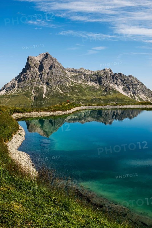 Mountain landscape with reservoir and chairlift, Saloberkopf, Widderstein, Warth, Bregenzerwald, Vorarlberg, Alps, Austria