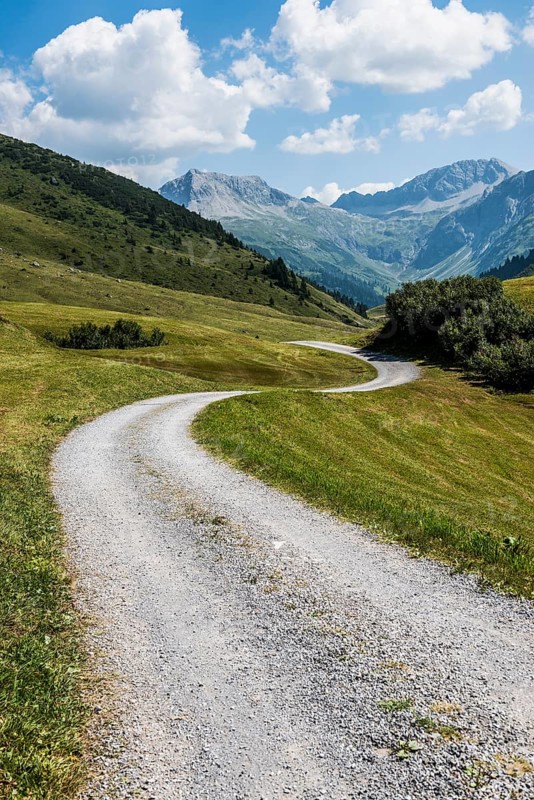 Mountain landscape and winding road, Auenfeldalpe, Warth, Bregenzerwald, Vorarlberg, Alps, Austria