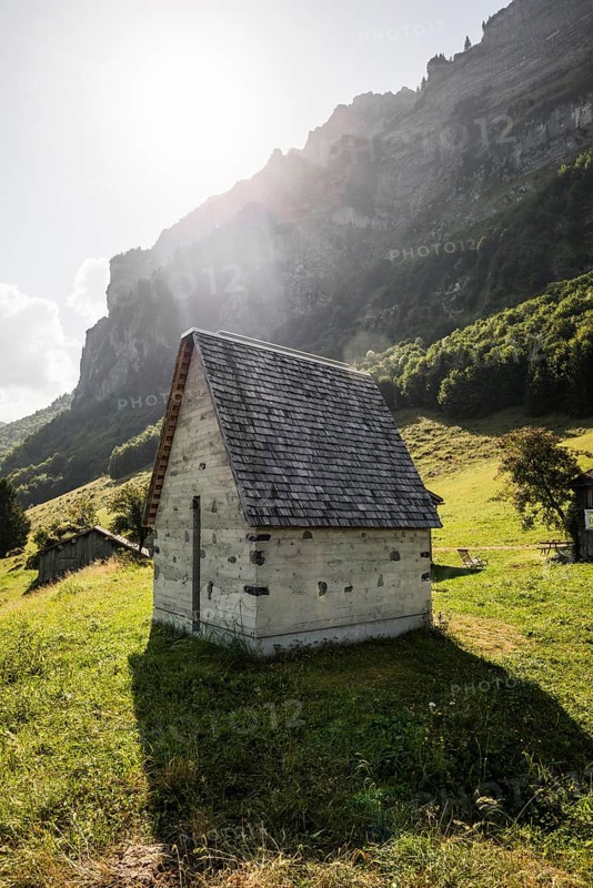 Alm and modern chapel, Alm Enge, Hirschau, Kanisfluh, Bregenzerwald, Vorarlberg, Alps, Austria