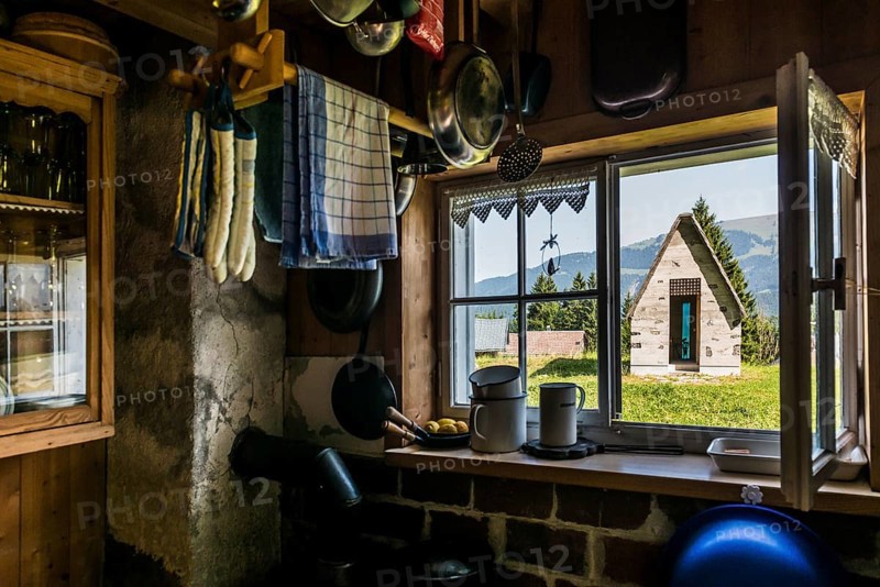 Ancient alpine hut and modern chapel, Alm Enge, Hirschau, Kanisfluh, Bregenzerwald, Vorarlberg, Alps, Austria