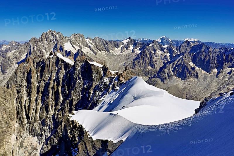 View from the Aiguille du Midi mountain station observation deck of the mountains Aiguille Vert, Les Droites, Les Courtes, Chamonix-Mont-Blanc, Haute-Savoie, France