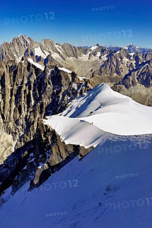 View from the Aiguille du Midi mountain station observation deck of the mountains Aiguille Vert, Les Droites, Les Courtes, Chamonix-Mont-Blanc, Haute-Savoie, France