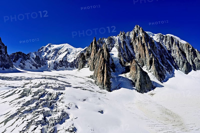 View of the mountains from the Télécabine Panorama Railway, Mont Blanc, Le Mont Blanc du Tacul, in the foreground the glacier du Géant, Chamonix-Mont-Blanc, Haute-Savoie, France