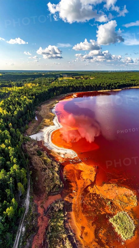 Red algae plant on the lake. abstract ecology nature concept, wild landscape with vibrant red colored water and green forest on a sunny day in summer, Aerial view, wilderness nature with no people around, AI generated