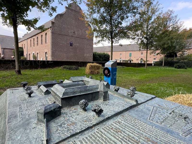In the foreground model of the former Hohenbusch monastery destroyed during secularization at the beginning of the 19th century, historic preserved buildings in the background, Erkelenz, North Rhine-Westphalia, Germany