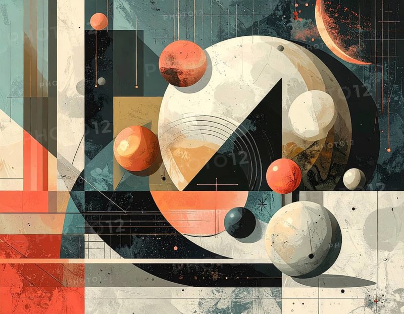 Vector art illustration, spheres, rectangles, triangles and geometric pattern, vector wallpaper illustration, textured background in vibrant colors, abstract drawing, simple artwork design for template or banner, AI generated