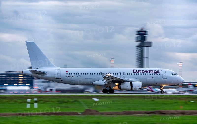 Eurowings Airbus landing at Düsseldorf Airport, North Rhine-Westphalia, Germany