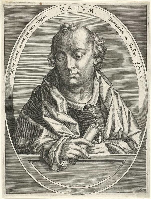 Nahum, a biblical prophet and his book. It belongs to the Book of Twelve Prophets in Tanakh or the Old Testament. Only the unknown place of origin of Elkosch is known from the author, reproduced from a 19th-century model. Authentic, file restored for optimal use, exact date of original unknown