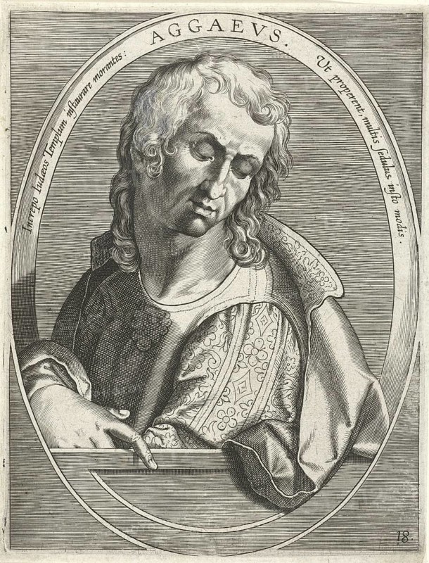 Haggai, who was born on the feast day, Latin Aggaeus, or Aggeus, was a prophet and author of the book of prophets in Tanakh named after him. He worked on the Jerusalem Temple around 520 BC when it was rebuilt, reproduction from a 19th-century model. Authentic, file restored for optimal use, exact date of original unknown