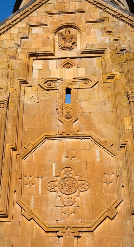 Detailed view of an artistic stone relief work with religious symbols on a church wall, Noravank monastery, Surb Astvatsatsin mausoleum church, Noravank, Vayots Dzor province, Wajoz Dzor, Armenia, Caucasus