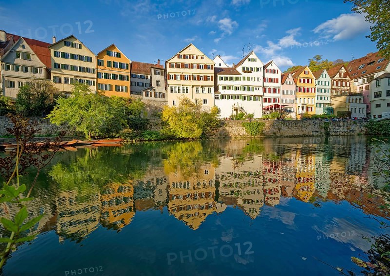 Historic houses on the Neckar front, the Neckar river, water reflection, old town of Tübingen, Baden-Württemberg, Germany