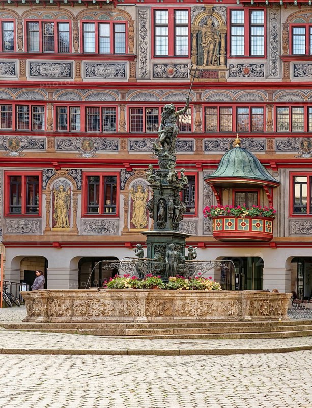 Market square with town hall and Neptune fountain with Neptune and trident from the Renaissance, Tübingen, Baden-Württemberg, Germany