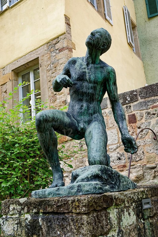 Statue at the Hölderlin Tower, the poet Johann Christian Friedrich Hölderlin lived in the tower room, old town of Tübingen, Baden-Württemberg, Germany