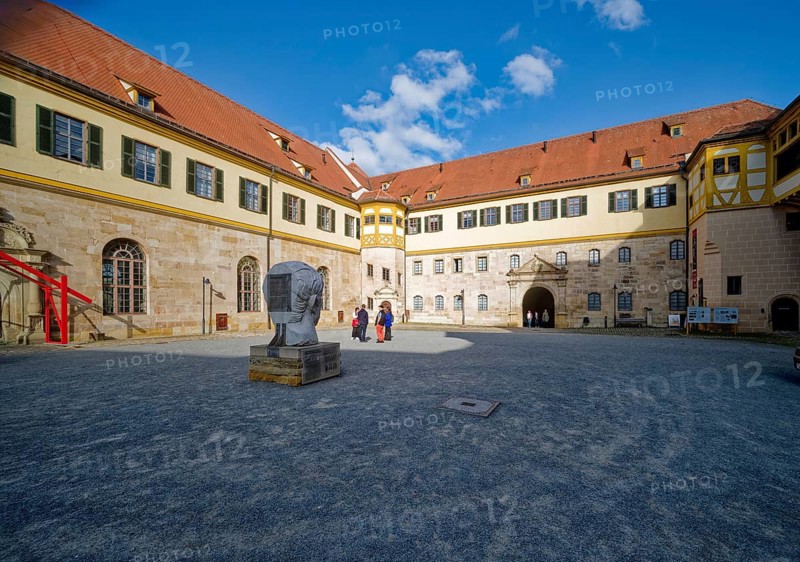 Courtyard with monumental portrait of Roman Emperor Augustus, Hohentübingen Castle, Tübingen, Baden-Württemberg, Germany