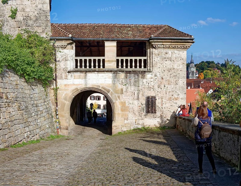 Lower castle gate with view of the old town, Hohentübingen Castle, Tübingen, Baden-Württemberg, Germany