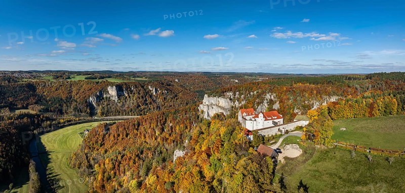 Aerial view, panorama of Wildenstein Castle near Leibertingen, surrounded by autumn vegetation, Upper Danube Valley, Sigmaringen district, Baden-Württemberg, Germany