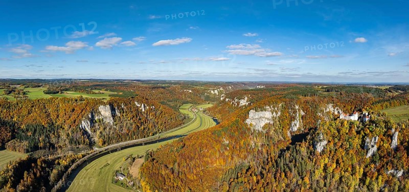 Aerial view, panorama, Upper Danube Valley, surrounded by autumn vegetation, Wildenstein Castle near Leibertingen, Sigmaringen district, Baden-Württemberg, Germany