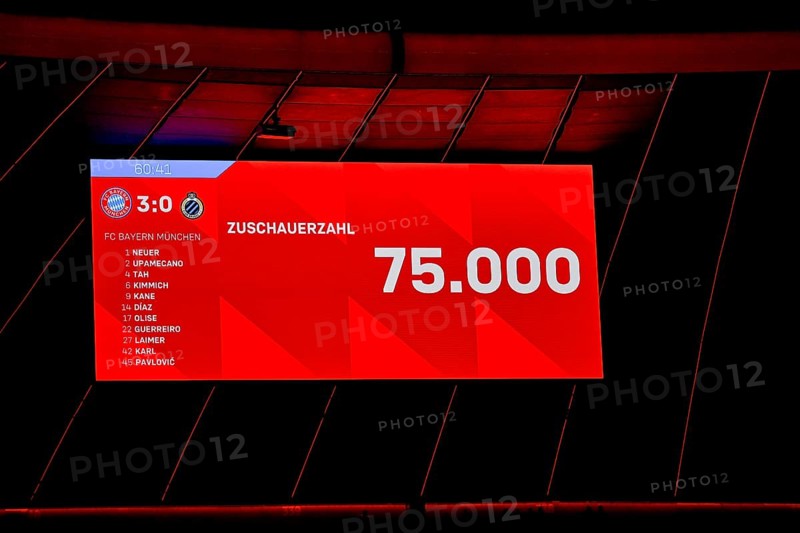 Scoreboard attendance, 75000, sold out, Champions League, Allianz Arena, Munich, Bayern, Germany