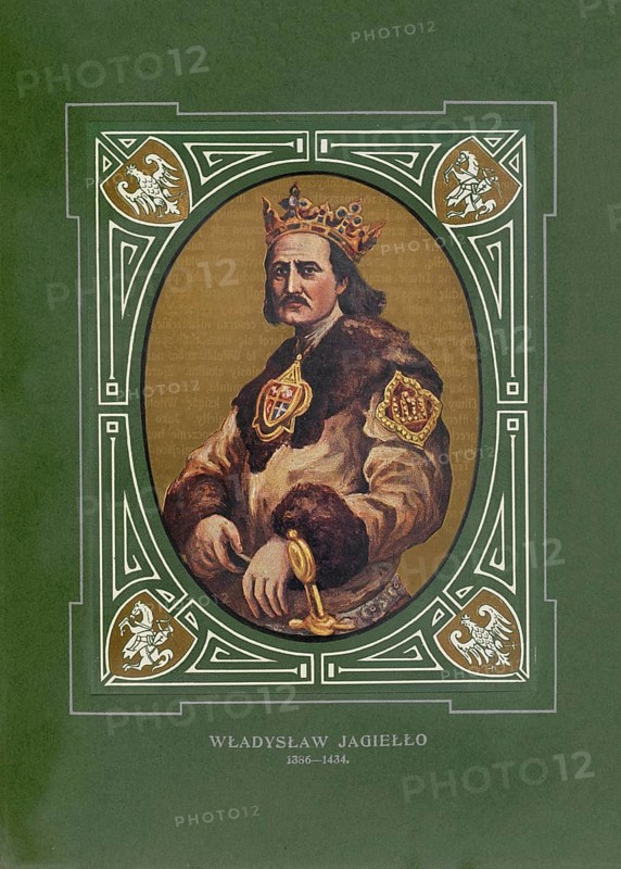 Jogaila, Wladyslaw Jagiello, (born in front of 1362, died June 1, 1434 in Gródek) was Grand Prince of Lithuania from 1377 to 1381, and again from 1382 to 1401. After his baptism and marriage to the Polish Queen Hedwig of Anjou, Jadwiga Andegawenska, crowned in Krakow in 1386 as Wladyslaw II Jagiello as King of Poland and reigned in personal union together with his wife until her death on July 17, 1399 and then alone over Poland until his death, illustration, reproduction of a model from the 19th century. Authentic, file restored for optimal use, exact date of original unknown