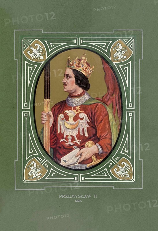 Przemyslaw II, Przemysl, Primislaus, (born October 14, 1257 in Poznan, died February 8, 1296 in Rogozno) was Duke of Greater Poland in Poznan from 1273. After the death of his uncle Boleslaw, Duke of Greater Poland in Kalisz, from 1279 Duke of Greater Poland, 1290 to 1291 Duke of Malopolska in Krakow, by the latter Senior Duke of Poland, since Christmas 1294 Duke of Pomerelia and from 1295, as Przemyslaw, King of Poland, illustration, reproduction of a model from the 19th century. Authentic, file restored for optimal use, exact date of original unknown