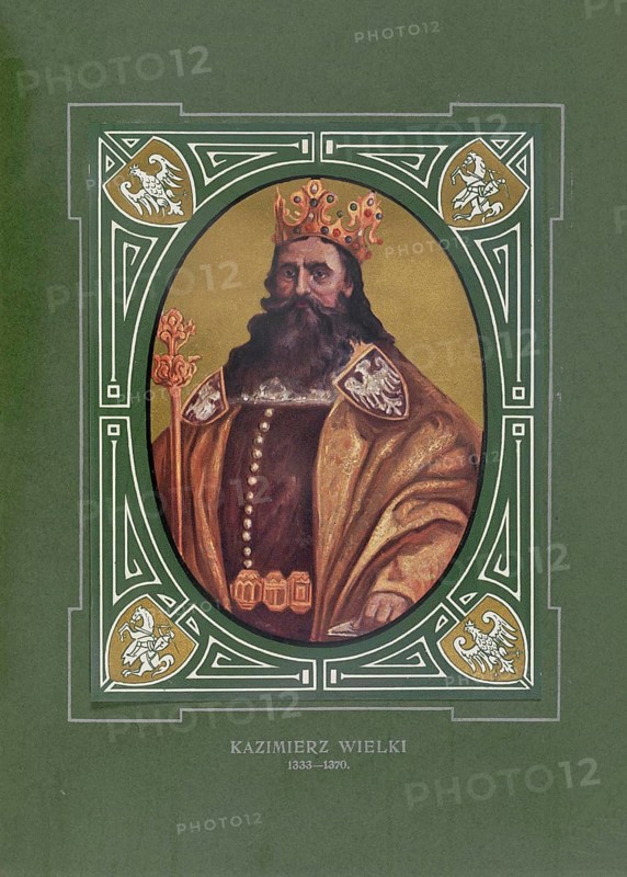Casimir the Great, Kazimierz III Wielki, Casimirus III Magnus, (born 30 April 1310 in Kowal, died 5 November 1370 in Krakow) was the youngest son of King Wladyslaw I. Ellenlang from his marriage to Hedwig of Kalisch, daughter of Boleslaw, Duke of Greater Poland. Casimir came from the Kujawian Piast dynasty and was from 1333 as Casimir I, King of Poland, illustration, reproduction of a model from the 19th century. Authentic, file restored for optimal use, exact date of original unknown