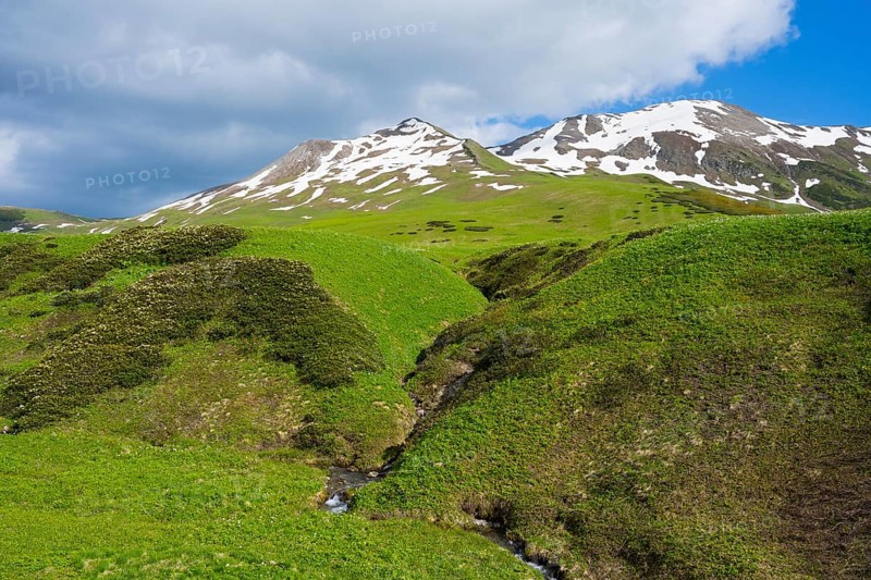 Hilly green valleys with snow-covered mountain ridges and clouds, Zagari Pass, Svaneti, Greater Caucasus, High Caucasus, Georgia