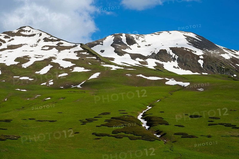 Grassy slopes with snowy peaks under blue sky, Zagari Pass, Svaneti, Svaneti, Greater Caucasus, High Caucasus, Georgia