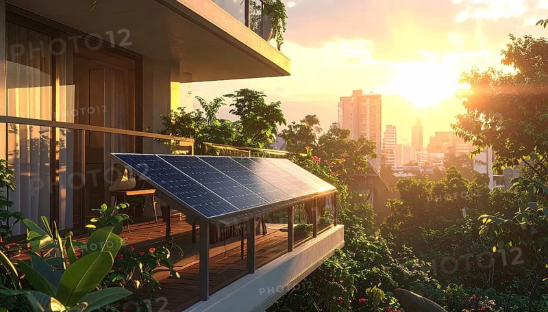Sunlight Glinting Off Solar Panels on Contemporary Apartment Balcony, energy solution, concept of sustainable energy and environment protection, AI generated