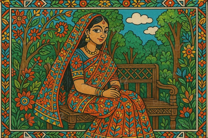 This colorful illustration depicts a woman in a sari, enjoying a peaceful moment in a lush garden setting, AI generated
