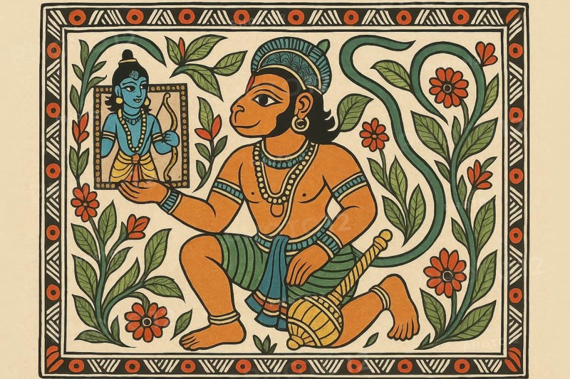 This vibrant artwork depicts Hanuman, a central figure in the Hindu epic Ramayana, with intricate floral details, AI generated