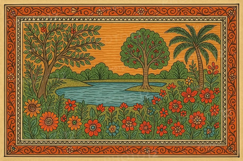 This colorful artwork depicts a peaceful scene with lush vegetation and a calm body of water, evoking a sense of tranquility, AI generated