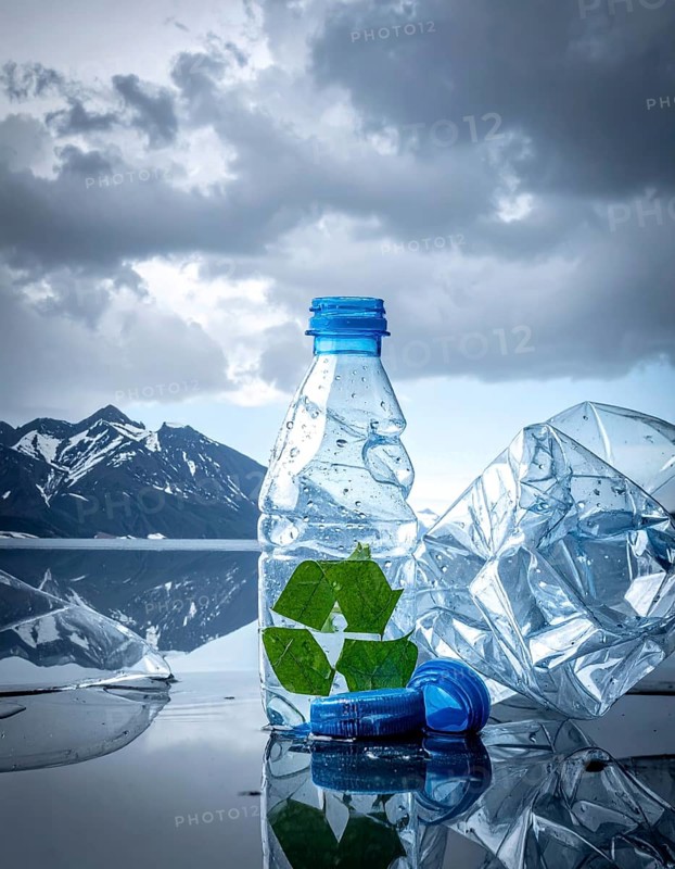 Crushed plastic water bottle waste in a wild landscape, symbol for nature protection, waste avoidance, recycling and ecology concepts on earth environment, AI generated