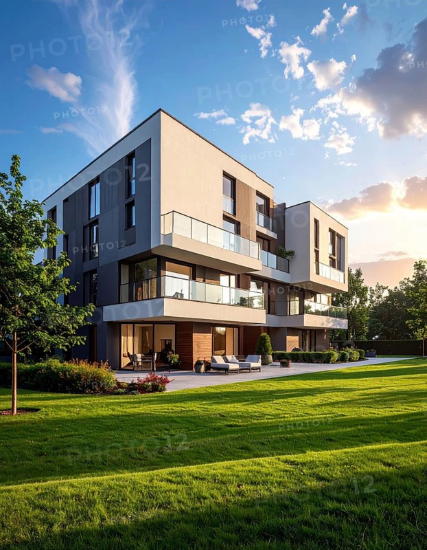 New modern block of flat, condo architecture, Residential apartment as a flat, luxury house complex, City real estate property, green garden plants in front, clear blue sky with golden evening light, AI generated