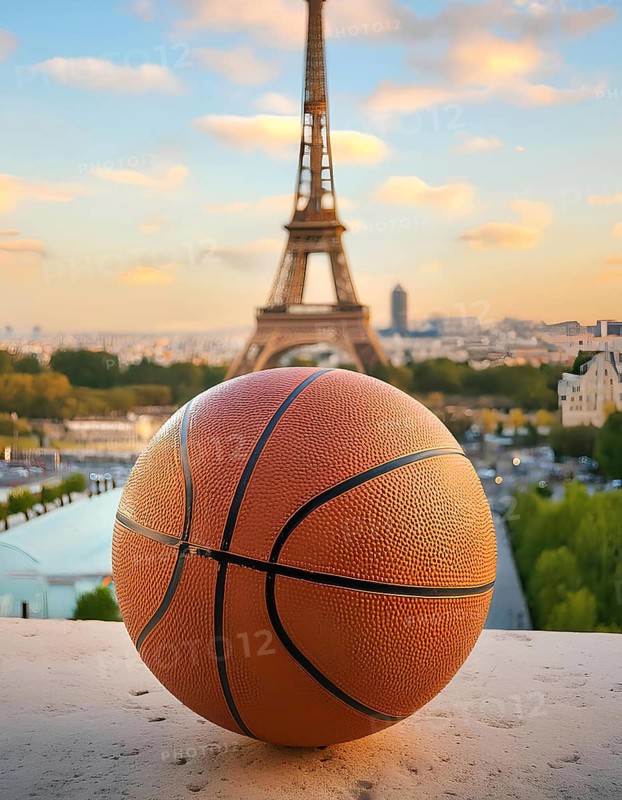 Sports of the Olympic Games. Basketball. A close-up of a basketball placed on a ledge with the iconic Eiffel Tower in the background during sunset, Paris, AI generated