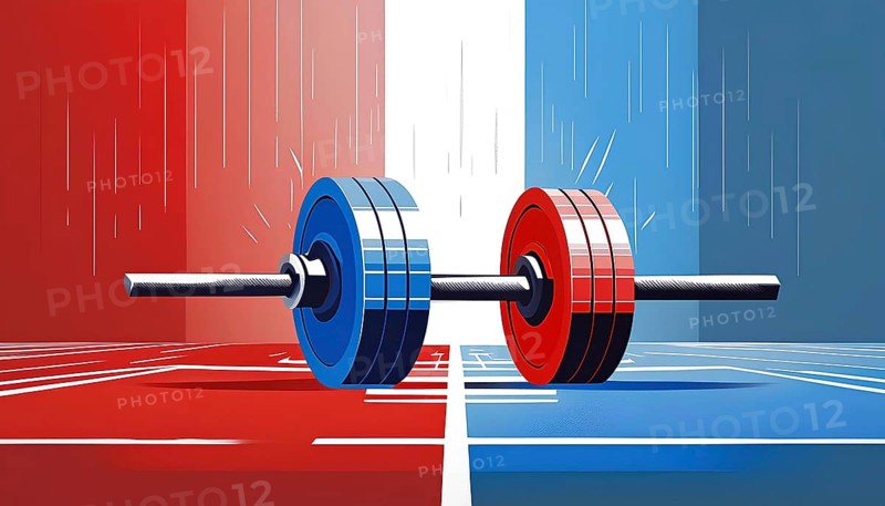 Two dumbbells are shown in a red, white, and blue color scheme. The dumbbells are positioned in a way that they appear to be in a tug of war, with one on the left and one on the right. paris 2024 olympic games, AI generated
